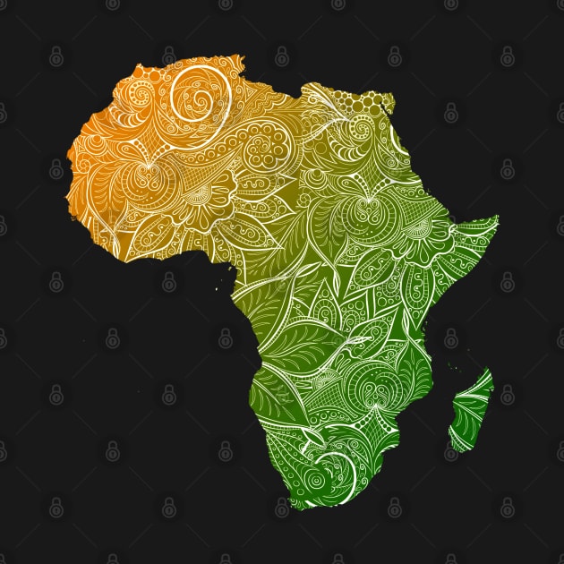 Colorful mandala art map of Africa with text in green and orange by Happy Citizen