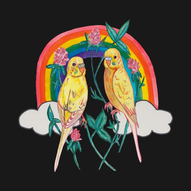 Two colorful parrot budgies with rainbow by deadblackpony