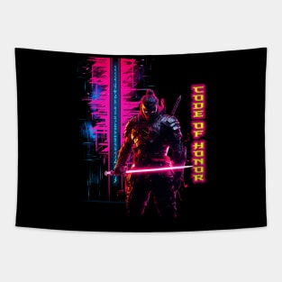 Code of Honor: Japanese Neon Cyberpunk Samurai Illustrated Tapestry