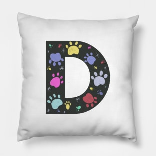 D letter  with colorful paw print Pillow