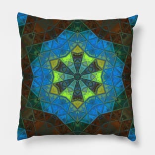 Mosaic Kaleidoscope Flower Blue and Green Pillow