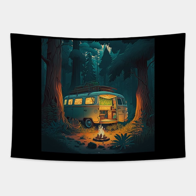 Camping Adventure in the Forest, Campire at Night Tapestry by dukito