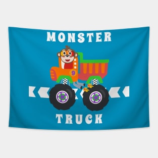 Cartoon vector of monster truck with little animal driver. Tapestry