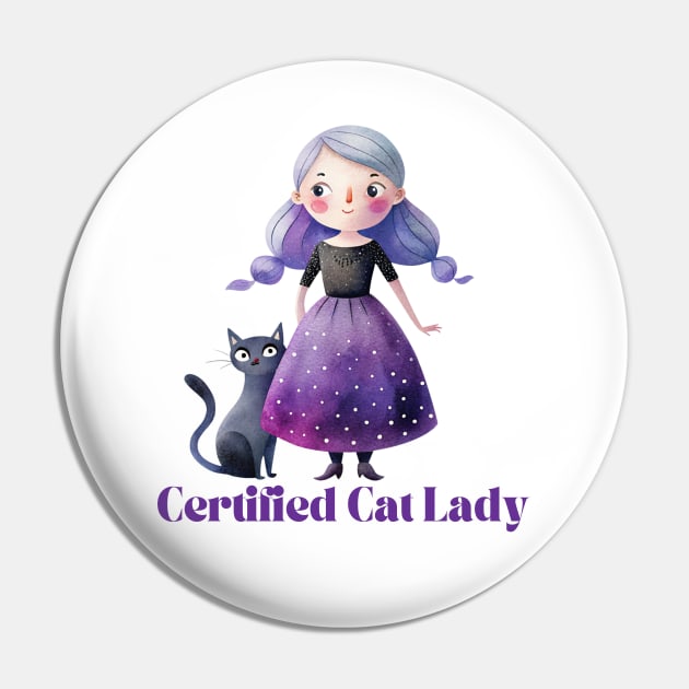 Whimsical Girl with Black Cat Pin by The Maple Latte Shop