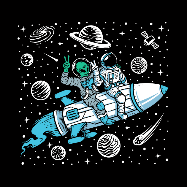 Funny Astronaut and Alien Riding a Rocket // Funny Outer Space by SLAG_Creative