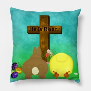 He Is Risen! The Easter Bunny and Chick Bow to Cross Pillow