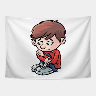sad and depressed boy sits curled up on the ground Tapestry