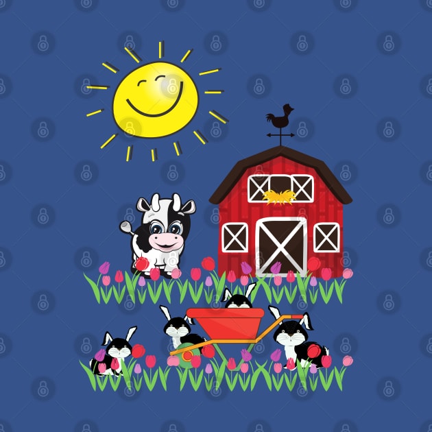 Cute Little Cow Red Barn Smiling Sun Playful Bunnies by KutieKoot T's