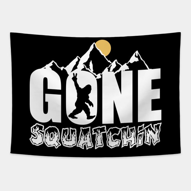 Gone Squatchin'! Funny Bigfoot Mountains Tapestry by Dylante
