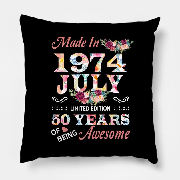 July Flower Made In 1974 50 Years Of Being Awesome Pillow by Kontjo