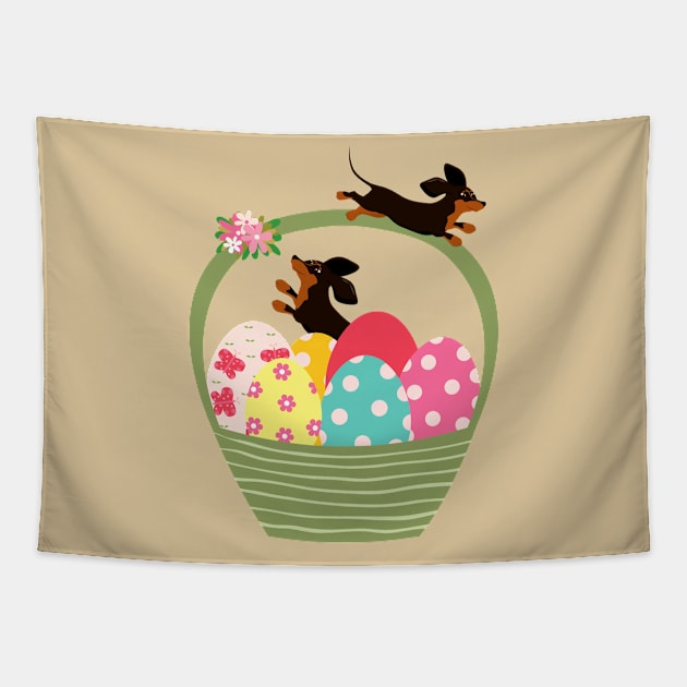 Dachshund Dog with Easter Eggs in Basket Tapestry by Seasonal Dogs