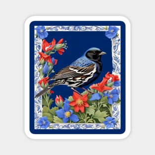 A Lark Bunting Surrounded by Colorado Blue Columbine Border Cut Out Magnet