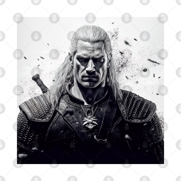 angry witcher with armor on white background by Maverick Media