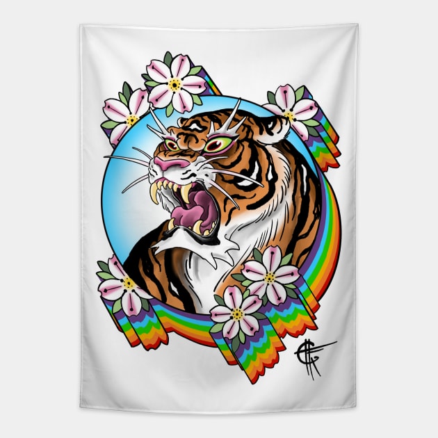 Rainbow Tiger Tapestry by Hori Chou Tattoo