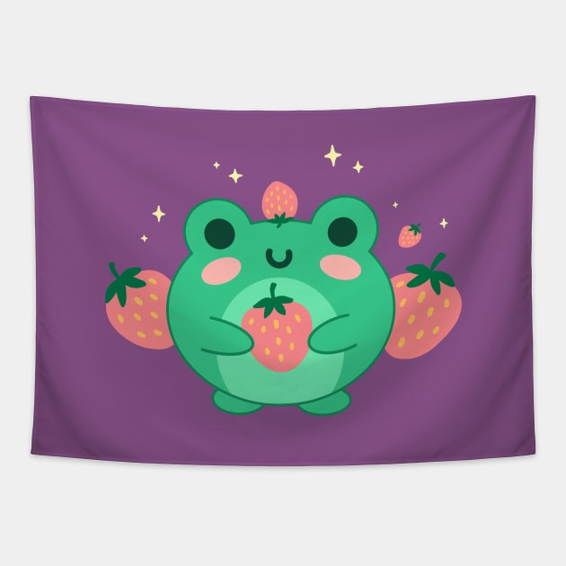 Neon Green Kawaii Frog, Blushing Strawberry, Retro Japanese Aesthetic Tapestry by Ministry Of Frogs