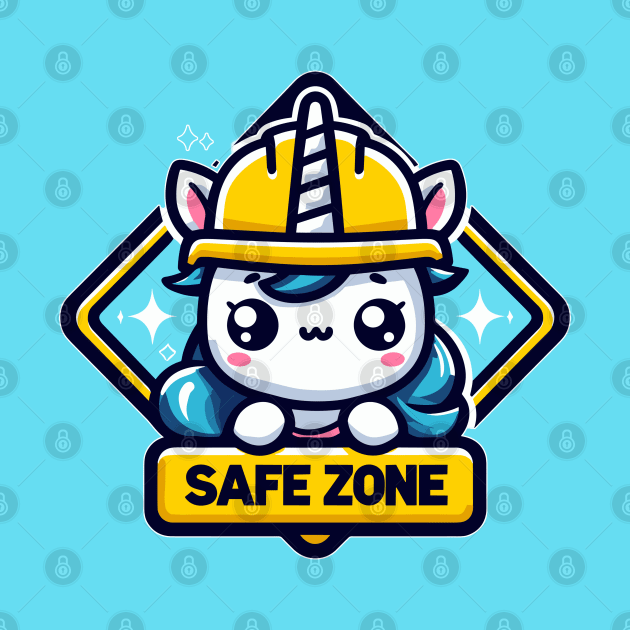 Kawaii unicorn in hardhat safe zone by TomFrontierArt