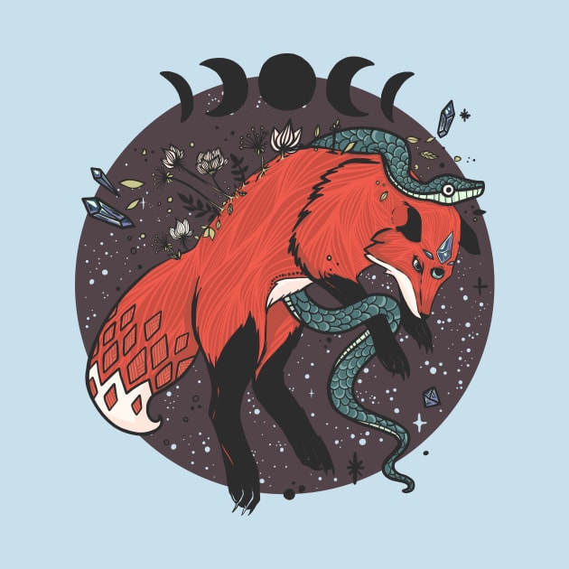 Fox Jumping With Snake, Moon Phases, Nature And Witchcraft Design Elements by cellsdividing