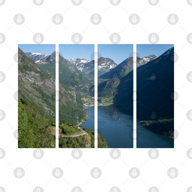 Wonderful landscapes in Norway. Vestland. Beautiful scenery of Geiranger Fjord from the Ornesvingen viewpoint. Cruise ship, winding roads, waterfall and stream by fabbroni-art