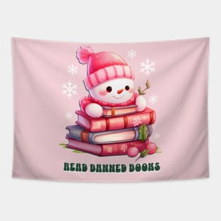 Read Banned Books LGBTQ Pride Christmas Pink Chibi Snowman Tapestry