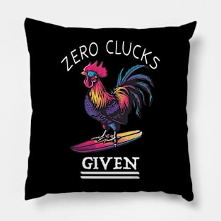 Surfing Rooster - No Clucks Given (with White Lettering) Pillow