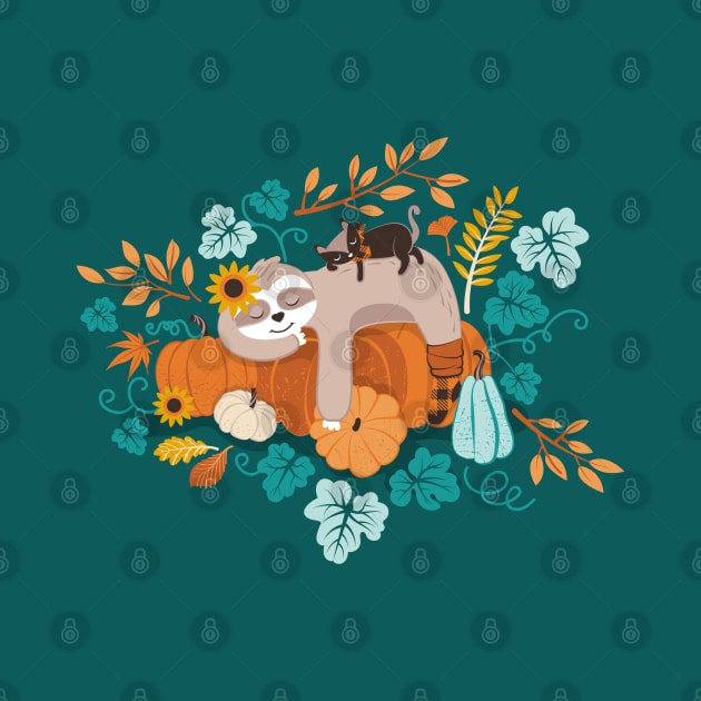 Sloths in pumpkin mood // spot // green background orange teal and aqua autumnal pumpkins fall leaves shepherd’s check yellow sunflowers by SelmaCardoso