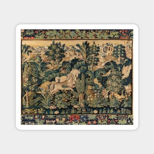 FANTASTIC ANIMALS AND HORSES IN WOODLAND Blue Green Ivory Antique French Tapestry Magnet