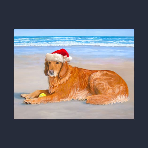 Golden Retriever with Santa Hat at Beach by KarenZukArt