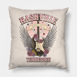 Vintage Nashville Tennessee Guitar and Roses Country Music City Beige Pillow