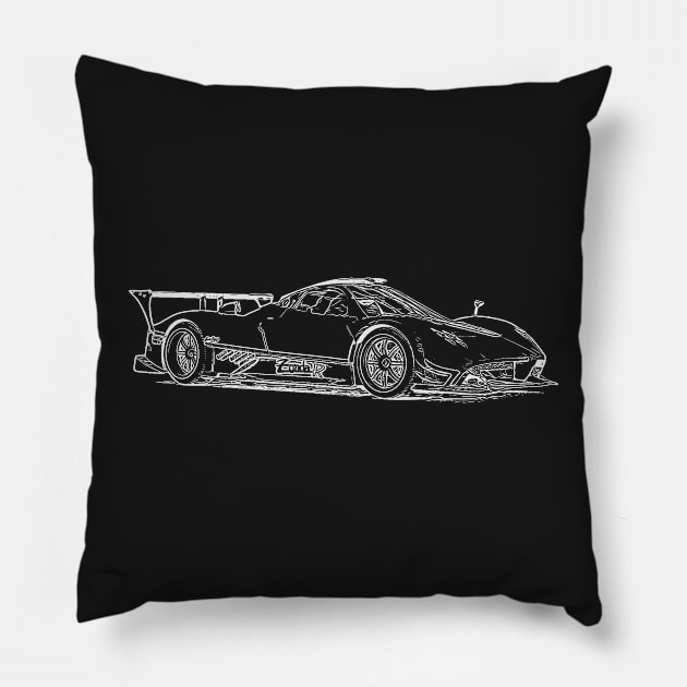 Pagani Zonda R Supercar Racing Wireframe White Pillow by Auto-Prints