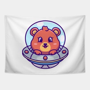 Cute bear flying with spaceship ufo cartoon Tapestry