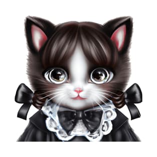 Cat with Black Anime eyes dressed as Wednesday Addams T-Shirt