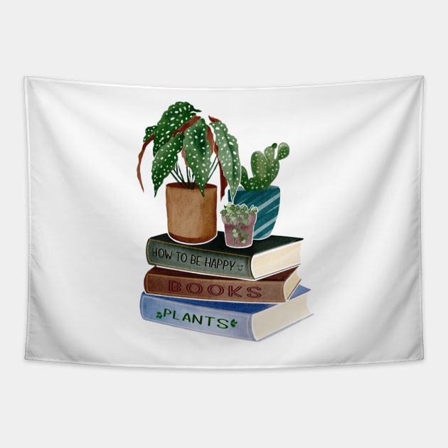 Plants on stack of books Tapestry by Minmoji