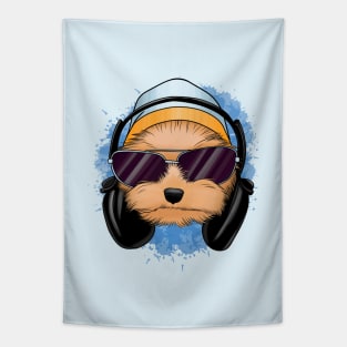 Cute yorkie with headphones Tapestry