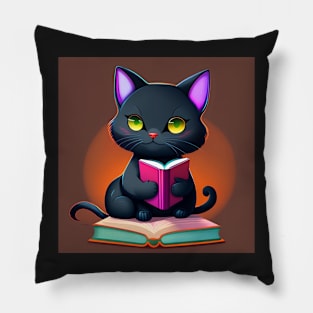 Black Cat Reading A Book Pillow