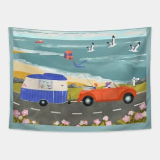 Family Road Trip in a Vintage Car and Caravan Tapestry