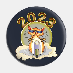 cat riding a scooter new year 2023 Pin