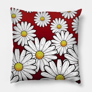 daisies retro style pattern on a dark red maroon background Pillow