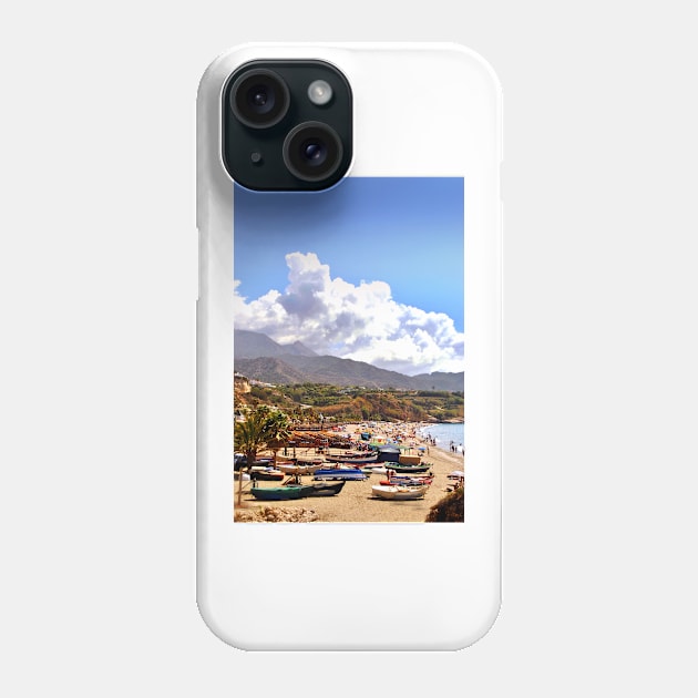 Fishing Boats Burriana Beach Nerja Spain Phone Case by AndyEvansPhotos