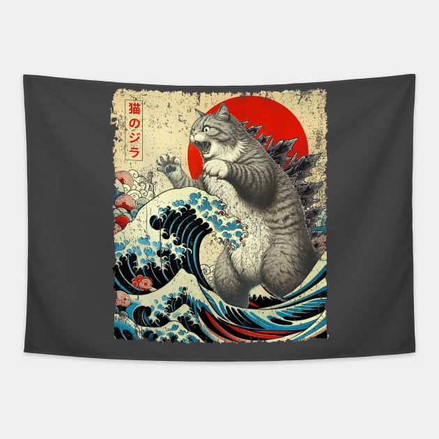 Catzilla Cat Japanese Art Funny Tapestry by HannessyRin