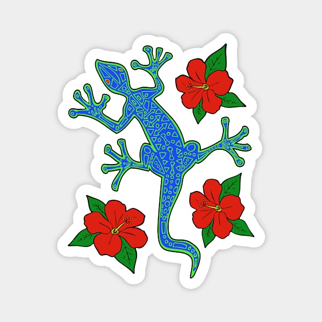 Tribal Lizard & Hibiscus Flowers Magnet by RockettGraph1cs