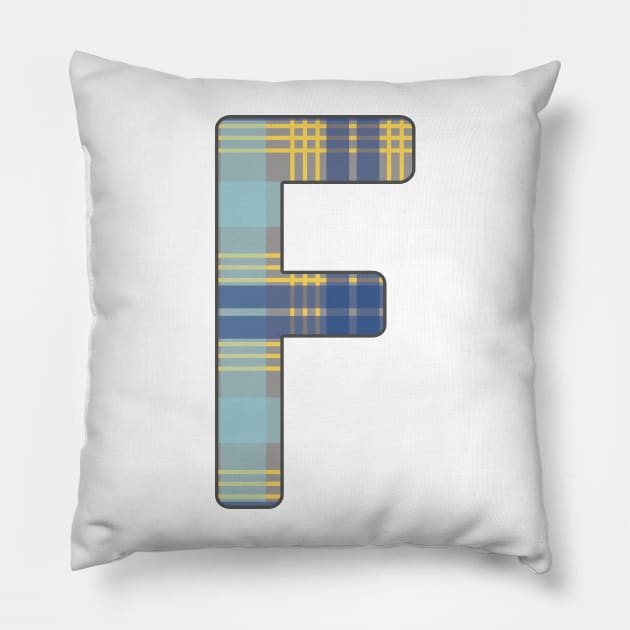 Monogram Letter F, Blue, Yellow and Grey Scottish Tartan Style Typography Design Pillow by MacPean