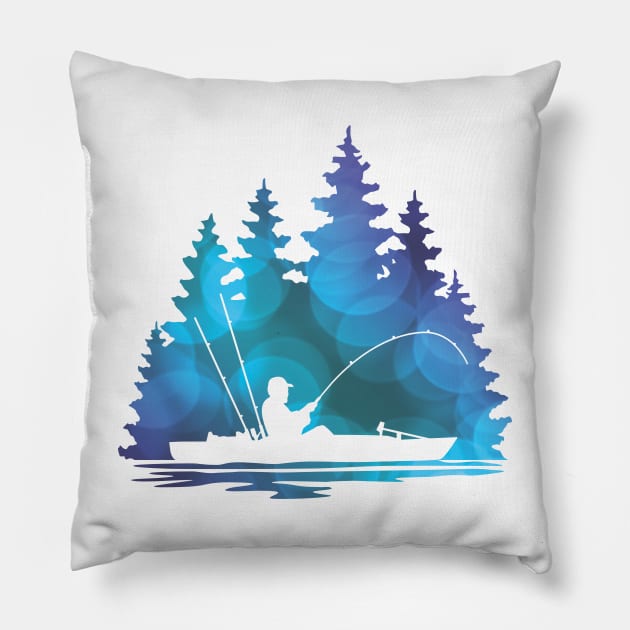 Kayak Fisherman with Blue Abstract Pattern Pillow by SAMMO