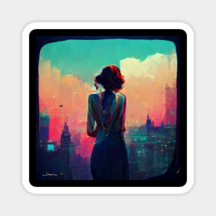 Woman stares out over the city at night - dreaming. Magnet