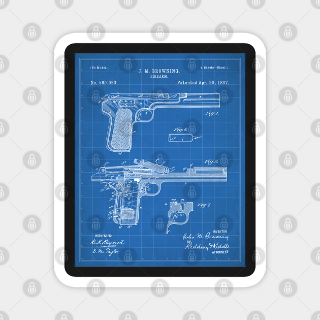 Browning Pistol Patent - Gun Lover Military Fan Art - Blueprint Magnet by patentpress