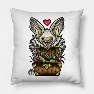 Bat with His Bug Treasure - Black Outlined Version Pillow