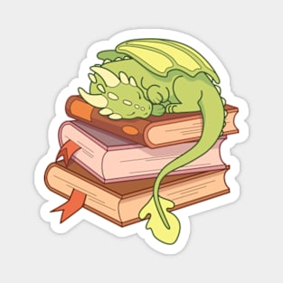 Little green dragon sleeping on a stack of books Magnet