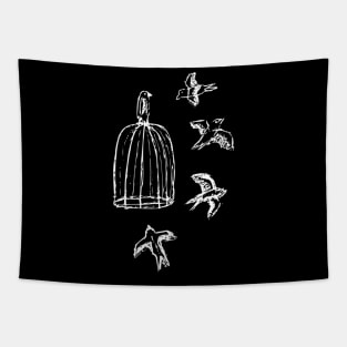 Birds flying around a cage Tapestry