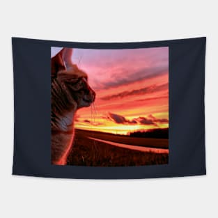 Cat Watching Sunset Scene Tapestry