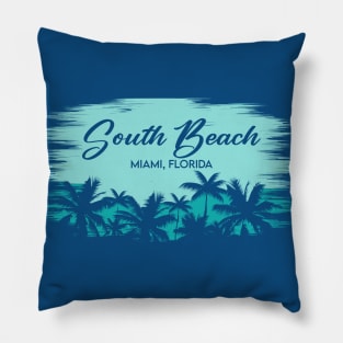 South Beach Miami, Florida Retro Beach Landscape with Palm Trees Pillow