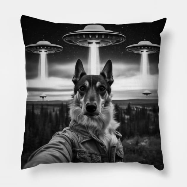 Selfie of Funny Dog And Aliens UFO Pillow by Megadorim